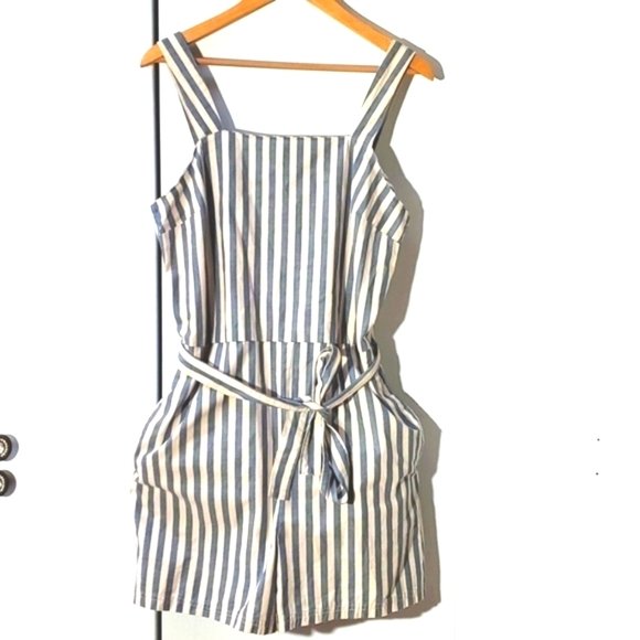 Impact- United by Blue Womens Romper Organic Cotton Blue Stripe Preppy Sz.M - Picture 1 of 3